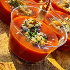 Verrine de gaspacho andalou (tomates, légumes mixés et huile d'olive)